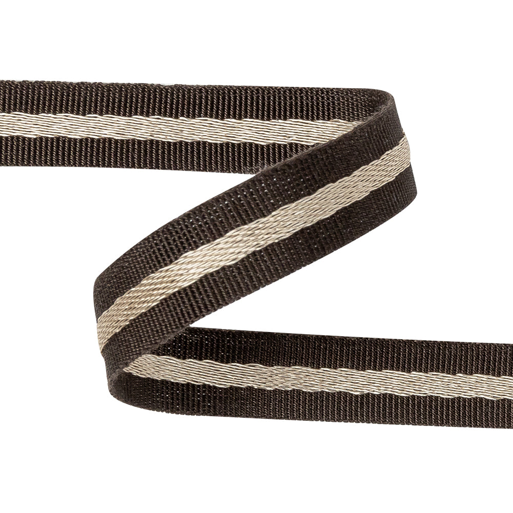 Italian Brown and Beige Striped Cotton Blend Grosgrain Ribbon - 0.4375 - Detail Italian Brown and Beige Striped Cotton Blend Grosgrain Ribbon - 0.4375 - Detail