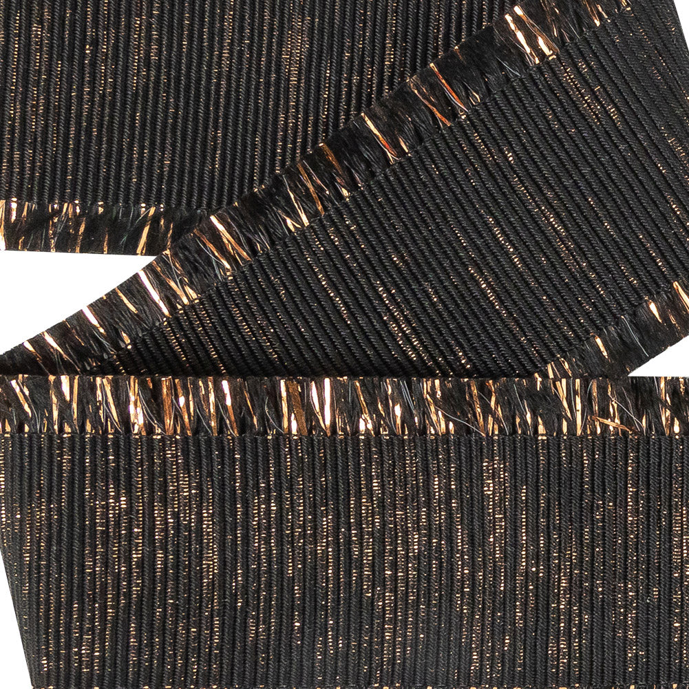 Italian Black and Copper Metallic Grosgrain Ribbon with Fringe - 1.4375" Detail Italian Black and Copper Metallic Grosgrain Ribbon with Fringe - 1.4375" Detail