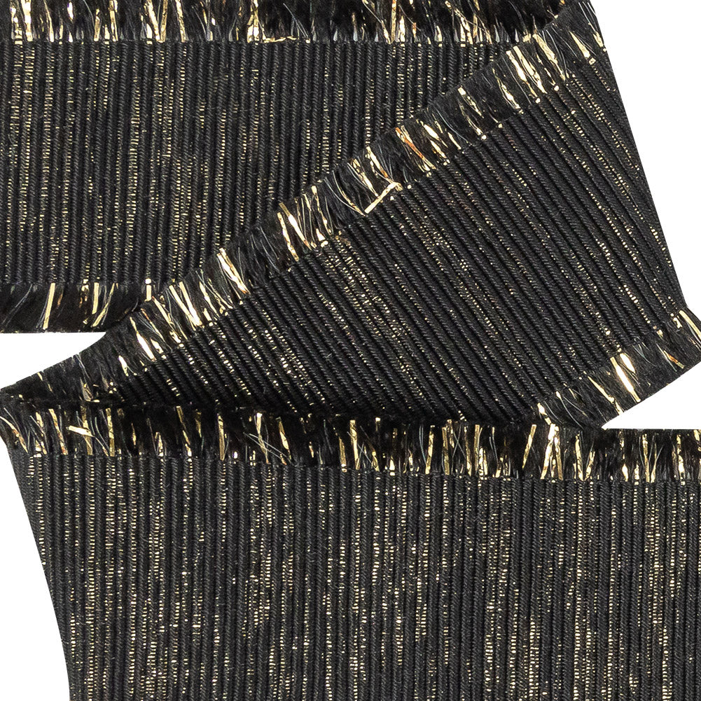 Italian Black and Gold Metallic Grosgrain Ribbon with Fringe - 1.4375" Detail Italian Black and Gold Metallic Grosgrain Ribbon with Fringe - 1.4375" Detail