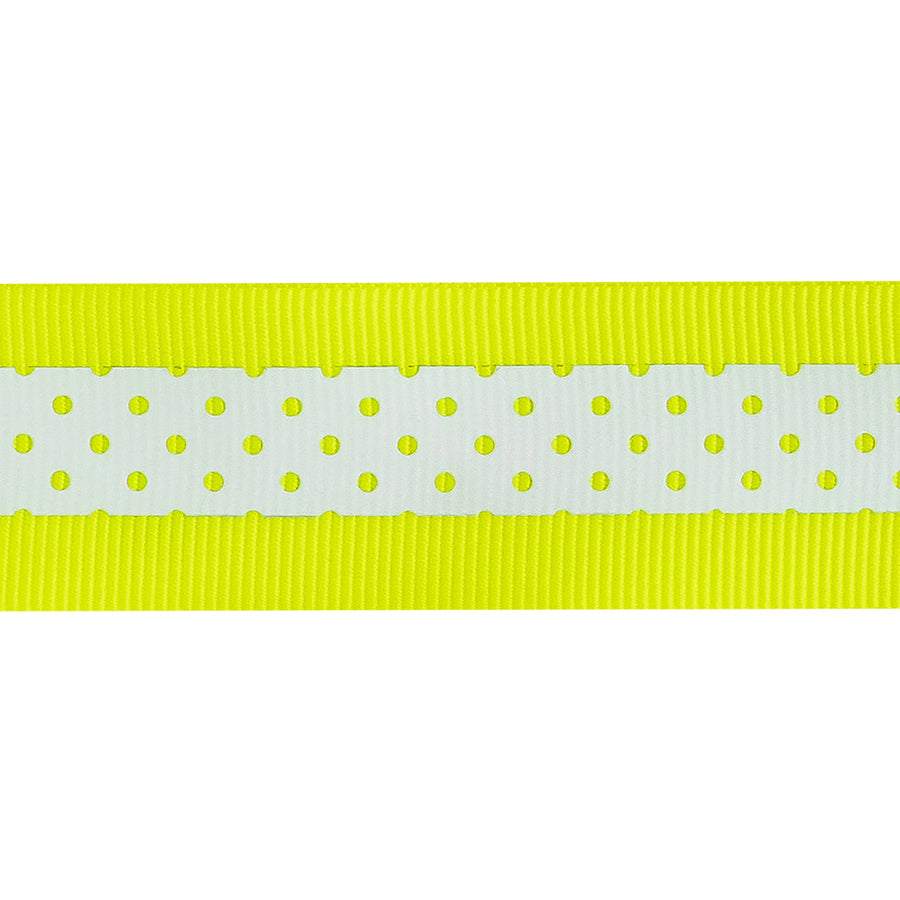 Italian Neon Yellow and White Polka Dot Striped Petersham Grosgrain Ribbon - 1 - Detail Italian Neon Yellow and White Polka Dot Striped Petersham Grosgrain Ribbon - 1 - Detail