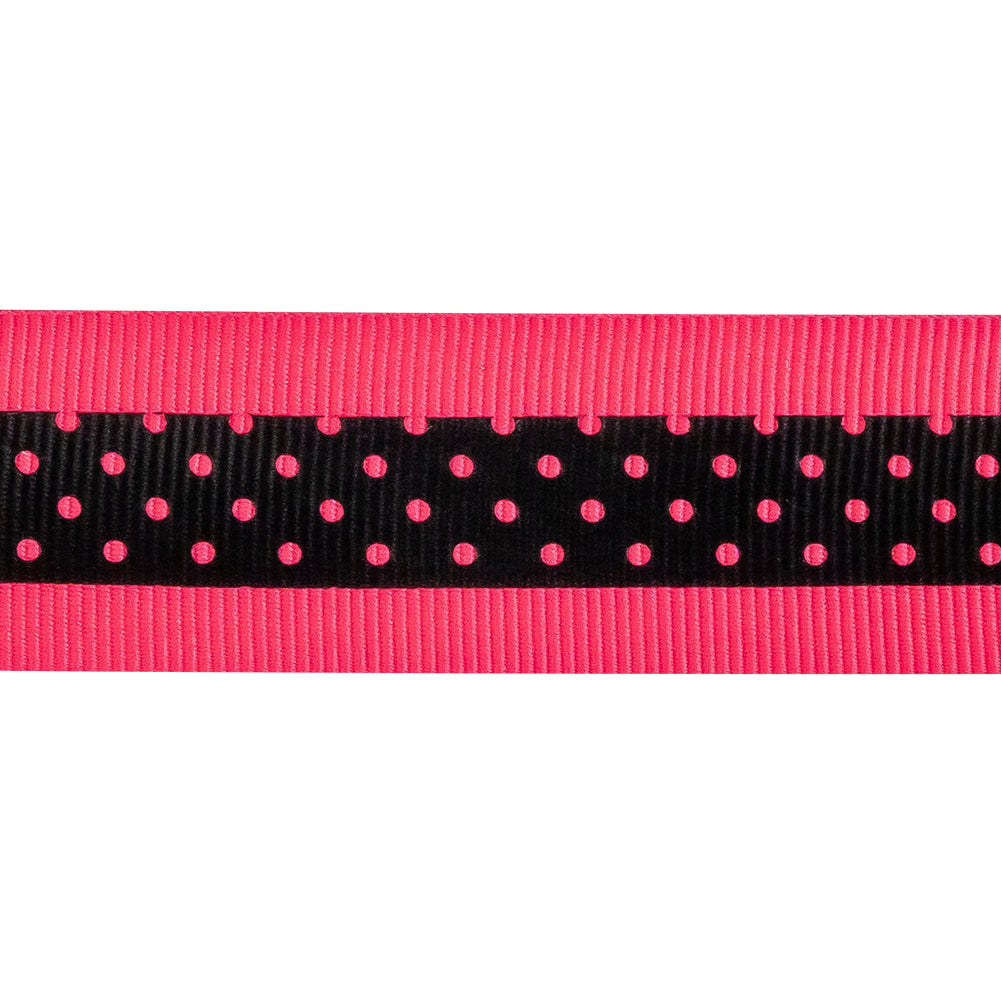 Italian Neon Pink and Black Polka Dot Striped Petersham Grosgrain Ribbon - 1" Detail Italian Neon Pink and Black Polka Dot Striped Petersham Grosgrain Ribbon - 1" Detail