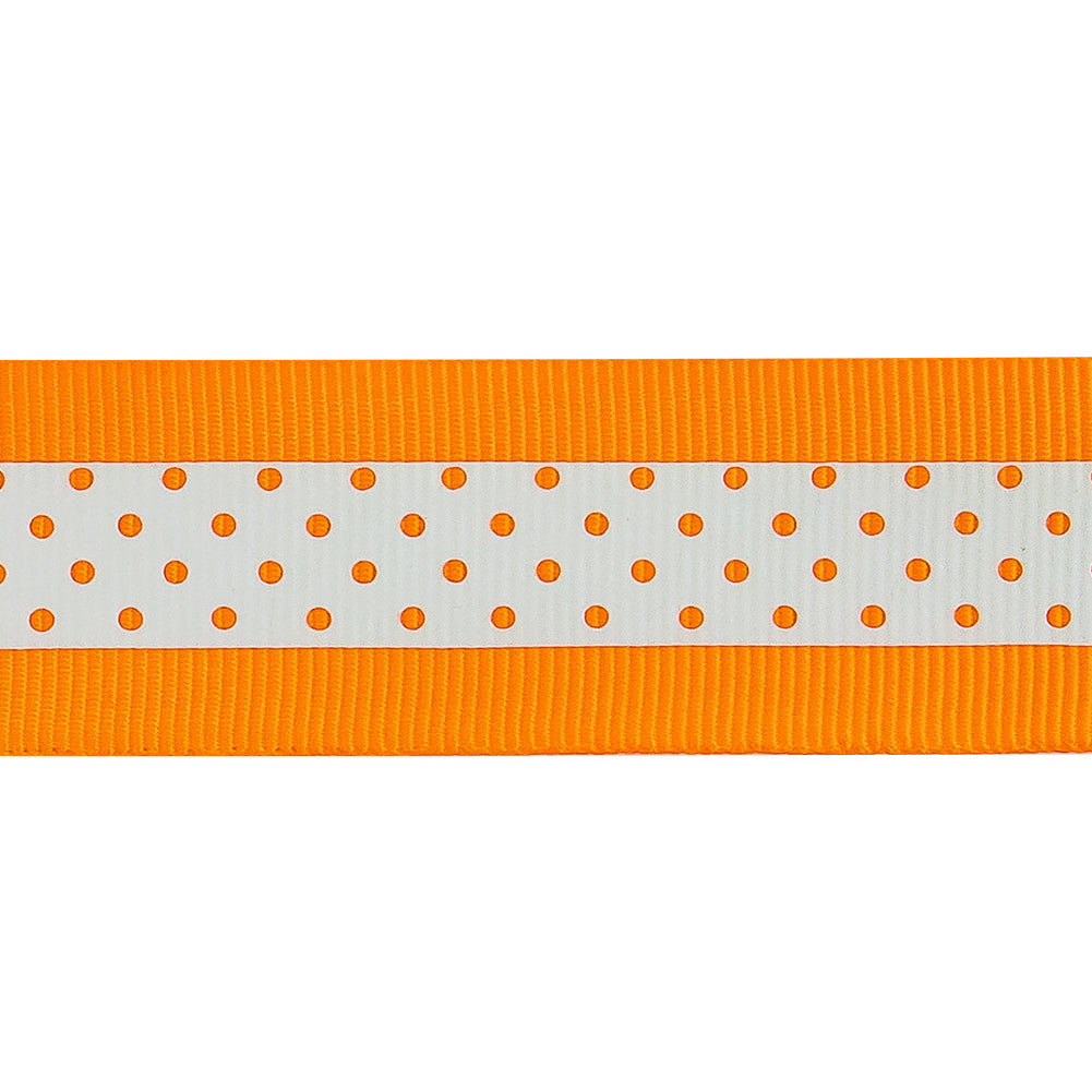 Italian Neon Orange and White Polka Dot Striped Petersham Grosgrain Ribbon - 1 - Detail Italian Neon Orange and White Polka Dot Striped Petersham Grosgrain Ribbon - 1 - Detail