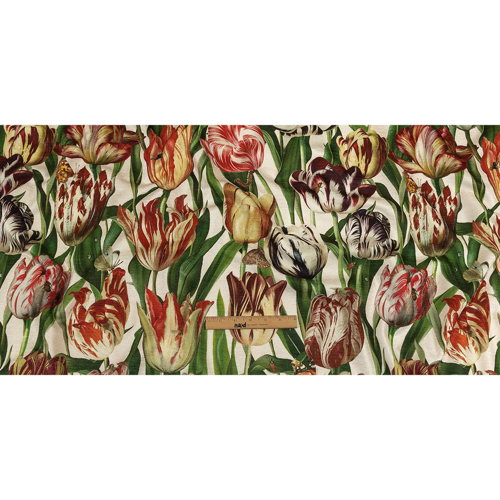 Red, Yellow and Green Tulips and Insects Printed Polyester Chenille - Full Red, Yellow and Green Tulips and Insects Printed Polyester Chenille - Full