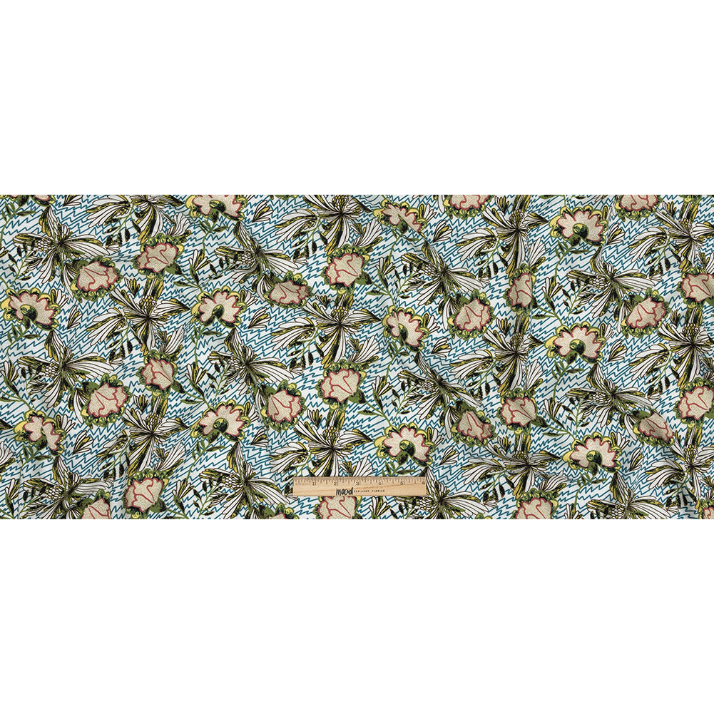 Mood Exclusive Turquoise and Green Retro Blossoms Slubbed Viscose Woven - Full Mood Exclusive Turquoise and Green Retro Blossoms Slubbed Viscose Woven - Full