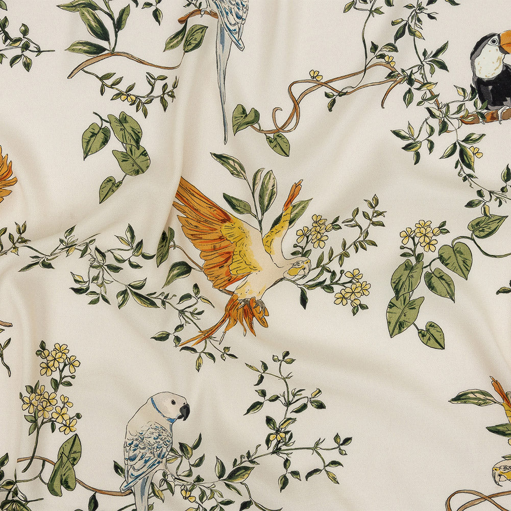 Sustainable Viscose Woven Print - Ivory and Green Birds in Branches - Mood Exclusive Avian Adoration Sustainable Viscose Woven Print - Ivory and Green Birds in Branches - Mood Exclusive Avian Adoration
