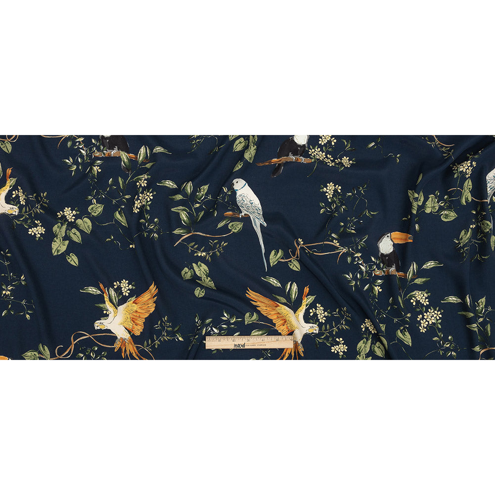 Sustainable Viscose Woven Print - Navy and Green Birds in Branches - Mood Exclusive Avian Adoration Full Sustainable Viscose Woven Print - Navy and Green Birds in Branches - Mood Exclusive Avian Adoration Full