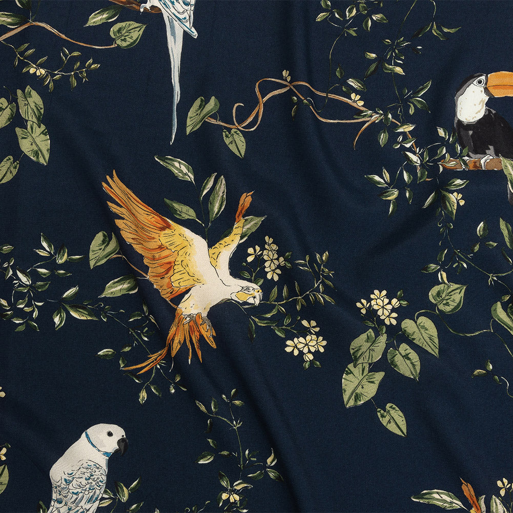 Sustainable Viscose Woven Print - Navy and Green Birds in Branches - Mood Exclusive Avian Adoration Sustainable Viscose Woven Print - Navy and Green Birds in Branches - Mood Exclusive Avian Adoration