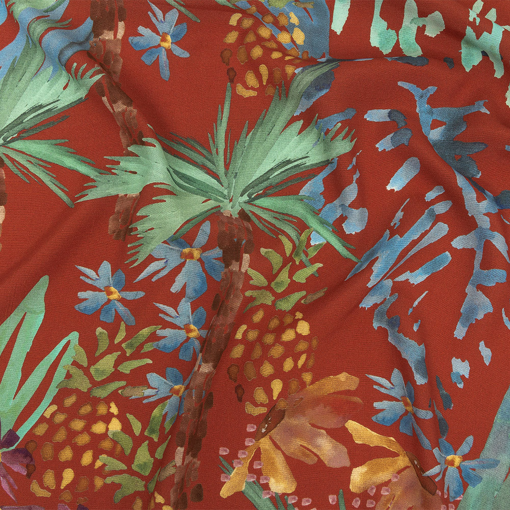 Sustainable Viscose Woven Print - Red-Orange and Green Painterly Palm Trees - Mood Exclusive Sundrenched Splash Sustainable Viscose Woven Print - Red-Orange and Green Painterly Palm Trees - Mood Exclusive Sundrenched Splash