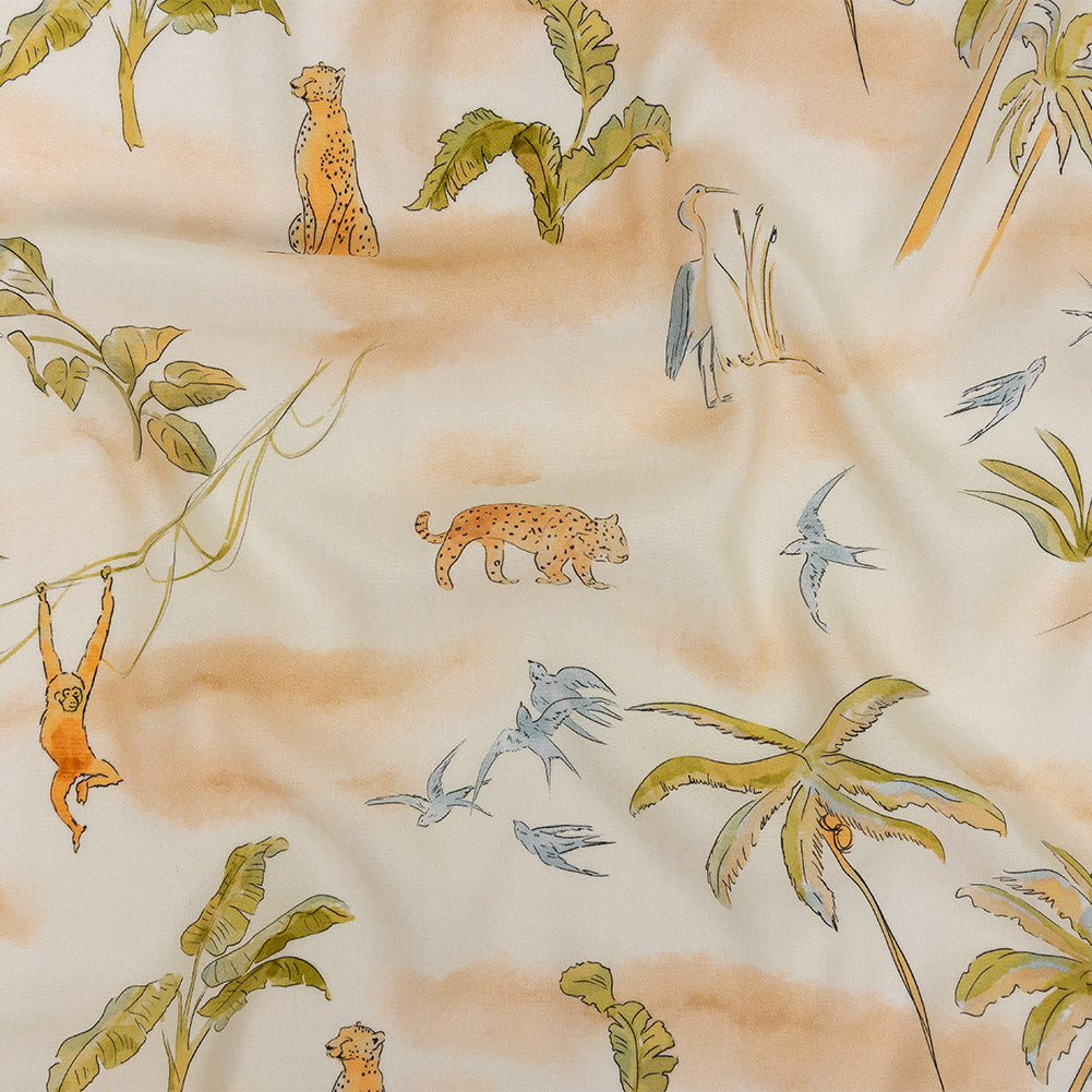 Sustainable Viscose Woven Print - Ivory Animals and Palm Trees - Mood Exclusive Savanna Spectacle Sustainable Viscose Woven Print - Ivory Animals and Palm Trees - Mood Exclusive Savanna Spectacle