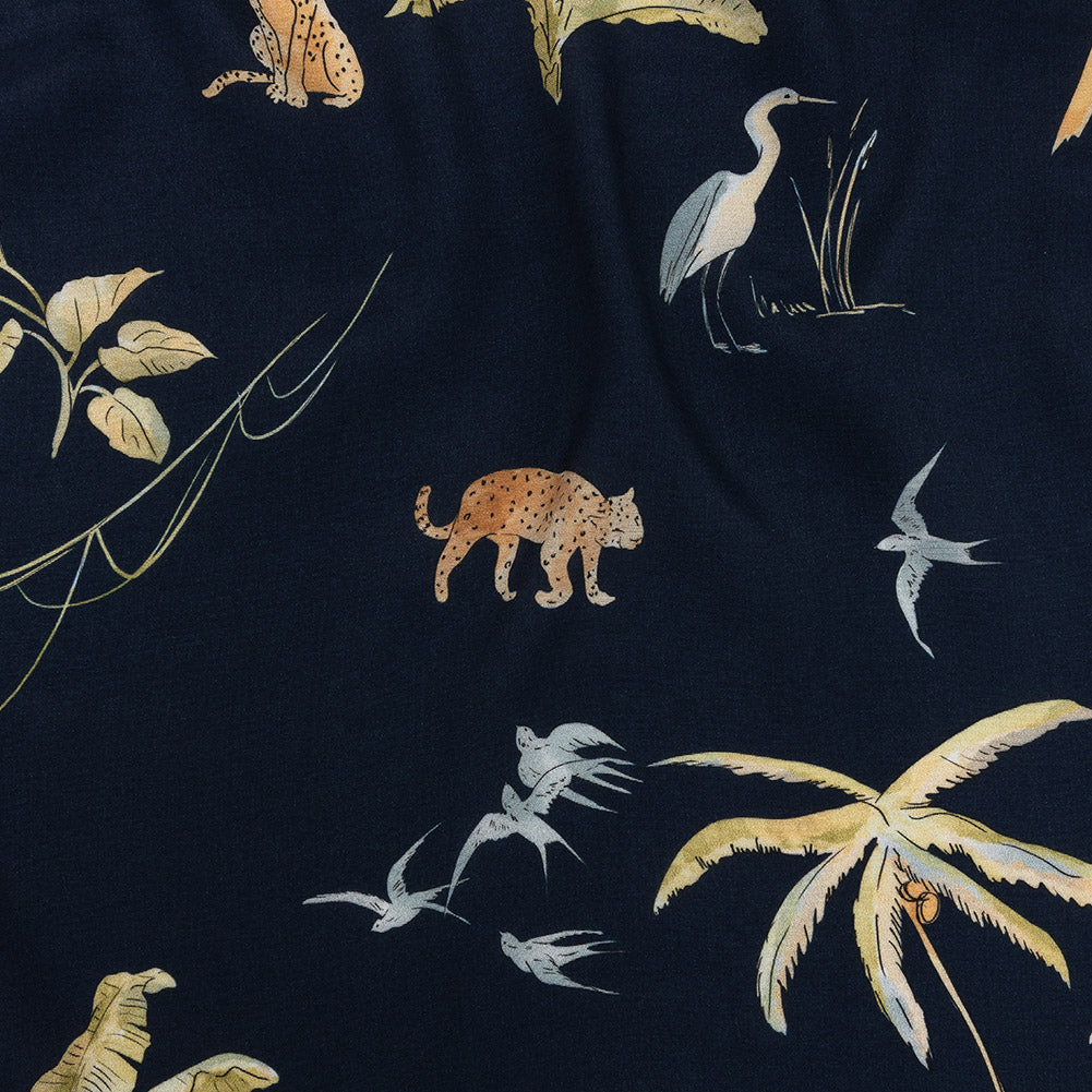 Sustainable Viscose Woven Print - Navy Animals and Palm Trees - Mood Exclusive Savanna Spectacle Sustainable Viscose Woven Print - Navy Animals and Palm Trees - Mood Exclusive Savanna Spectacle