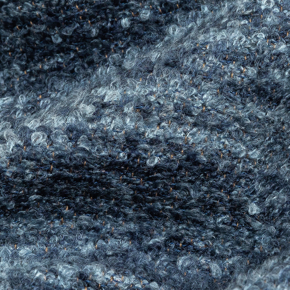 Navy Striated Upholstery Boucle with Tan Woven Backing Detail Navy Striated Upholstery Boucle with Tan Woven Backing Detail