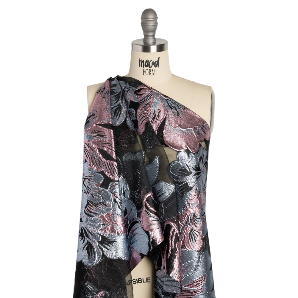 Metallic Pink, Blue Gray and Black Fantastic Flowers Luxury Burnout Brocade Detail Metallic Pink, Blue Gray and Black Fantastic Flowers Luxury Burnout Brocade Detail