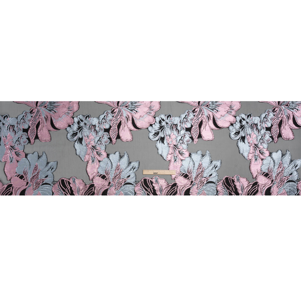 Metallic Pink, Blue Gray and Black Fantastic Flowers Luxury Burnout Brocade Drape Metallic Pink, Blue Gray and Black Fantastic Flowers Luxury Burnout Brocade Drape