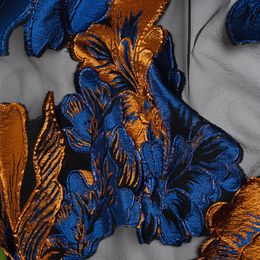 Metallic Royal Blue, Orange and Black Fantastic Flowers Luxury Burnout Brocade Metallic Royal Blue, Orange and Black Fantastic Flowers Luxury Burnout Brocade