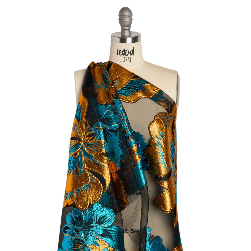 Metallic Teal, Orange and Black Fantastic Flowers Luxury Burnout Brocade - Detail Metallic Teal, Orange and Black Fantastic Flowers Luxury Burnout Brocade - Detail