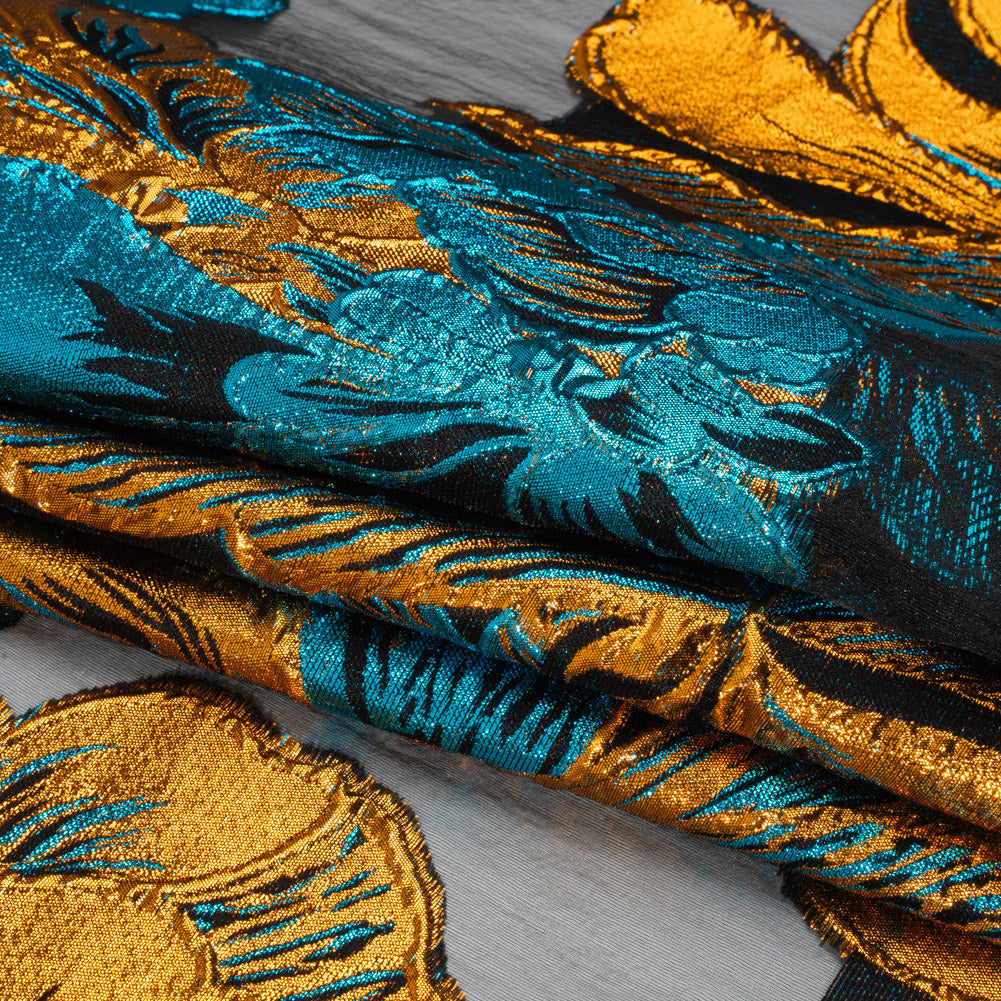 Metallic Teal, Orange and Black Fantastic Flowers Luxury Burnout Brocade - Full Metallic Teal, Orange and Black Fantastic Flowers Luxury Burnout Brocade - Full