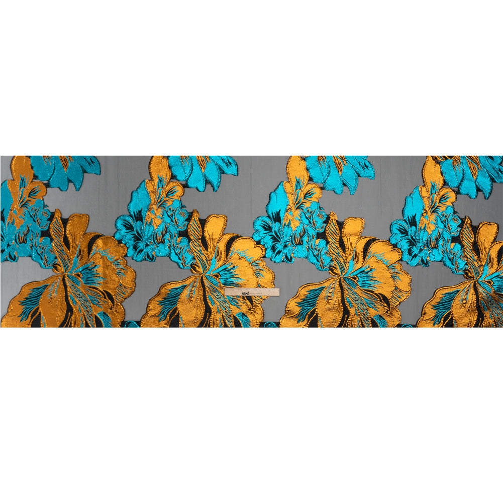 Metallic Teal, Orange and Black Fantastic Flowers Luxury Burnout Brocade - Drape Metallic Teal, Orange and Black Fantastic Flowers Luxury Burnout Brocade - Drape