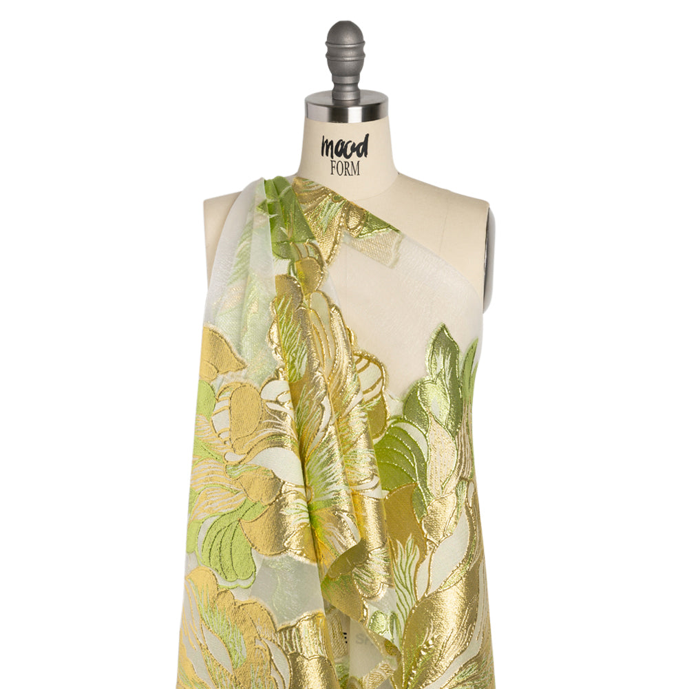 Metallic Lime, Gold and White Fantastic Flowers Luxury Burnout Brocade - Detail Metallic Lime, Gold and White Fantastic Flowers Luxury Burnout Brocade - Detail