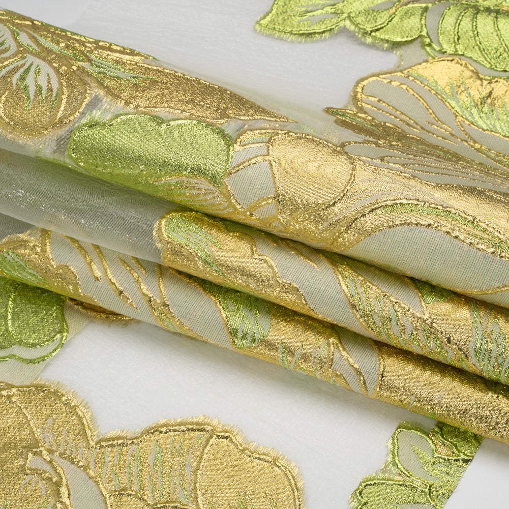 Metallic Lime, Gold and White Fantastic Flowers Luxury Burnout Brocade - Full Metallic Lime, Gold and White Fantastic Flowers Luxury Burnout Brocade - Full