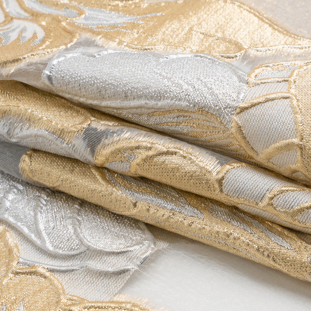 Metallic Gold, Silver and White Fantastic Flowers Luxury Burnout Brocade - Full Metallic Gold, Silver and White Fantastic Flowers Luxury Burnout Brocade - Full