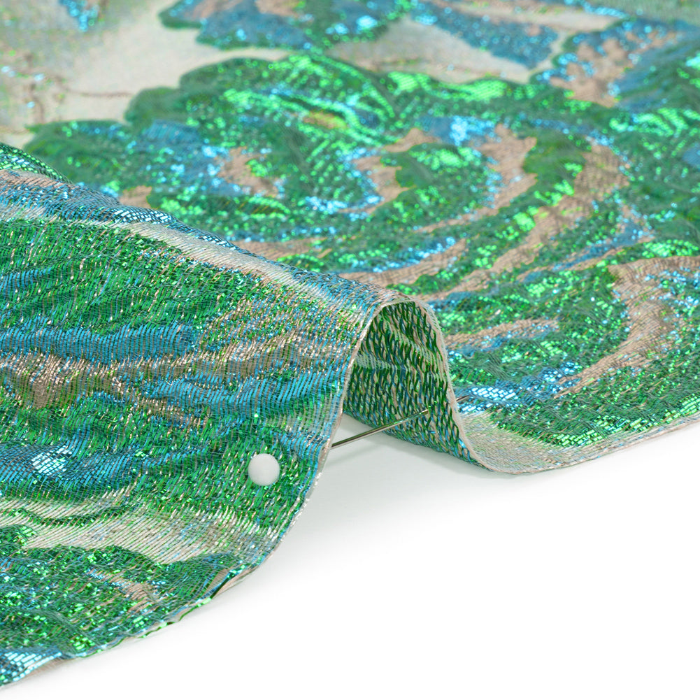 Metallic Green, Blue and Pale Gold Radiant Roses Luxury Brocade - Folded Metallic Green, Blue and Pale Gold Radiant Roses Luxury Brocade - Folded