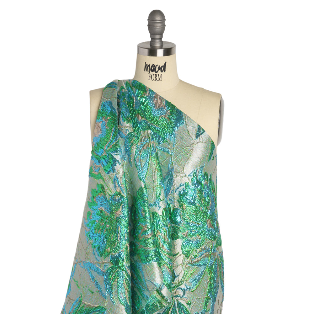 Metallic Green, Blue and Pale Gold Radiant Roses Luxury Brocade - Detail Metallic Green, Blue and Pale Gold Radiant Roses Luxury Brocade - Detail