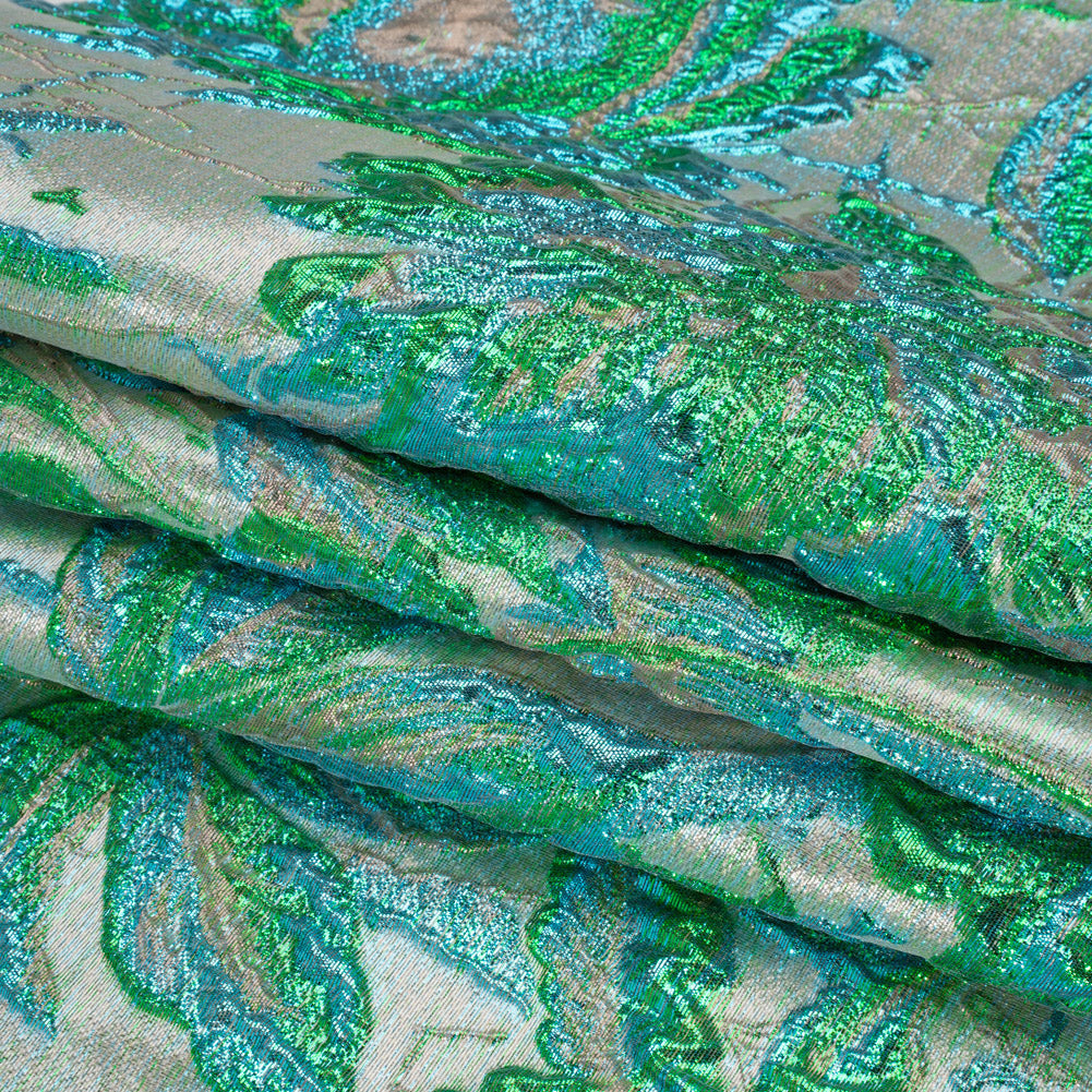 Metallic Green, Blue and Pale Gold Radiant Roses Luxury Brocade - Full Metallic Green, Blue and Pale Gold Radiant Roses Luxury Brocade - Full