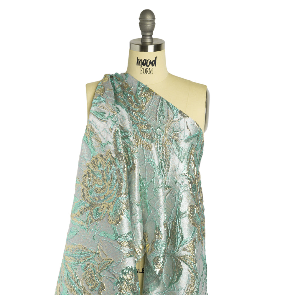 Metallic Light Blue, Gold and Aqua Radiant Roses Luxury Brocade - Detail Metallic Light Blue, Gold and Aqua Radiant Roses Luxury Brocade - Detail