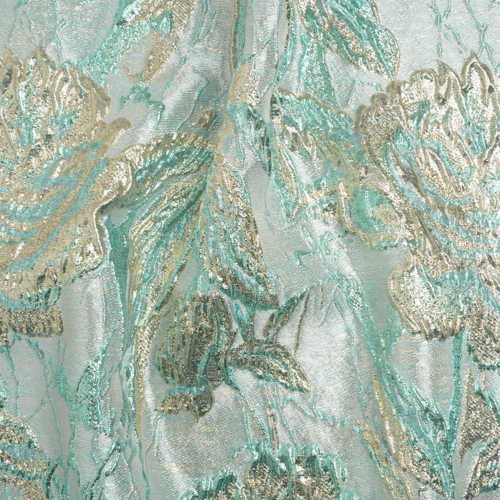 Metallic Light Blue, Gold and Aqua Radiant Roses Luxury Brocade Metallic Light Blue, Gold and Aqua Radiant Roses Luxury Brocade