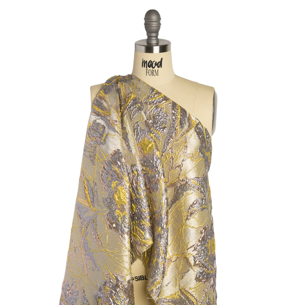 Metallic Pale Blue, Yellow and Rose Gold Radiant Roses Luxury Brocade Detail Metallic Pale Blue, Yellow and Rose Gold Radiant Roses Luxury Brocade Detail