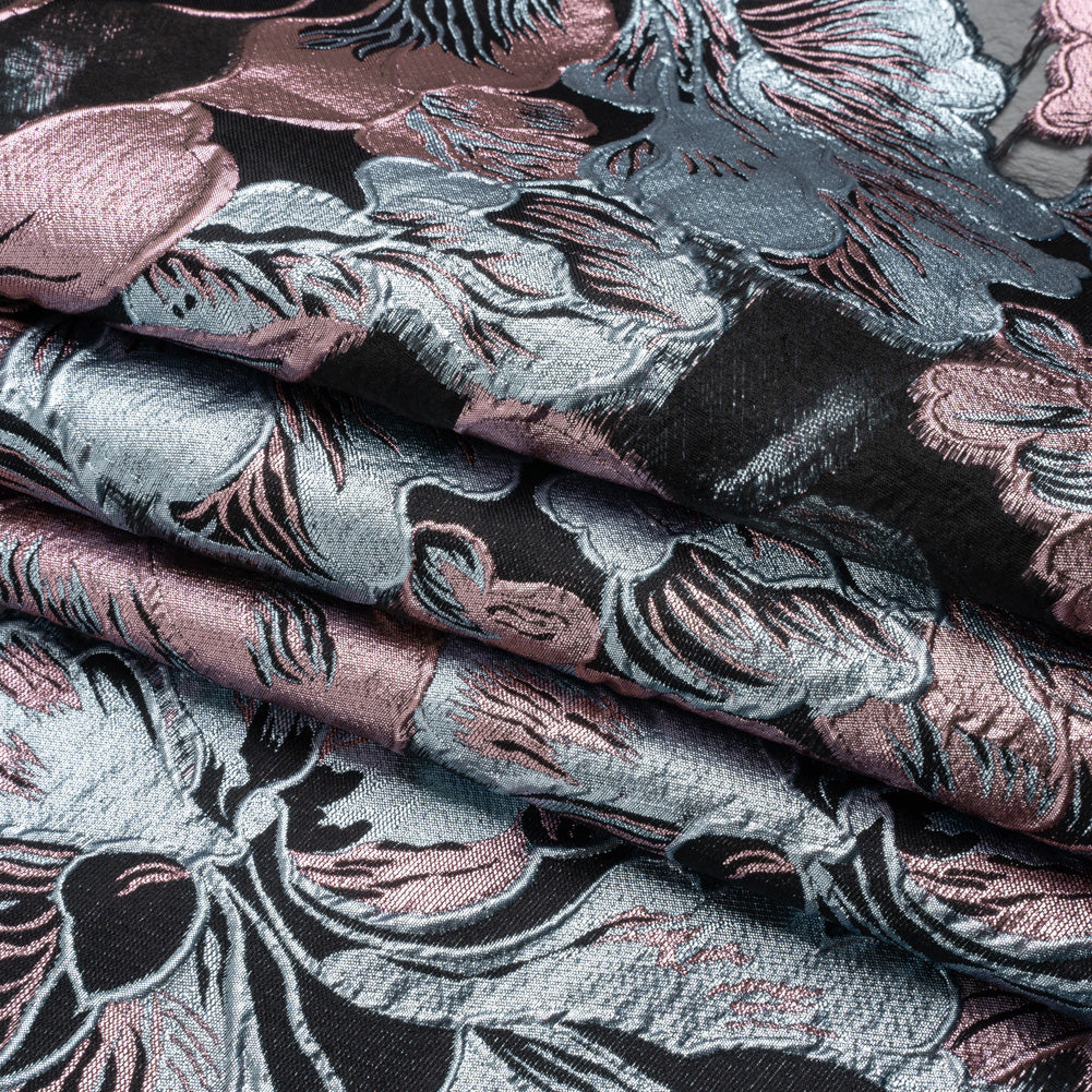 Metallic Pink, Baby Blue and Black Floral Luxury Burnout Brocade Panel - Full Metallic Pink, Baby Blue and Black Floral Luxury Burnout Brocade Panel - Full
