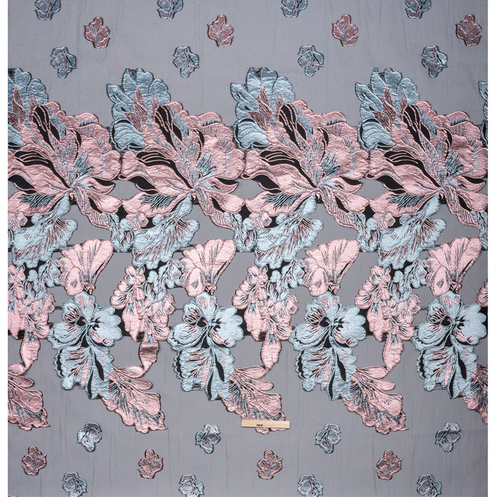 Metallic Pink, Baby Blue and Black Floral Luxury Burnout Brocade Panel - Drape Metallic Pink, Baby Blue and Black Floral Luxury Burnout Brocade Panel - Drape