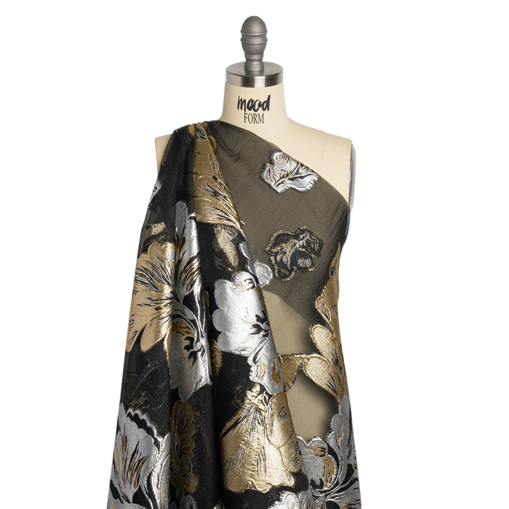 Metallic Gold, Silver and Black Floral Luxury Burnout Brocade Panel - Detail Metallic Gold, Silver and Black Floral Luxury Burnout Brocade Panel - Detail