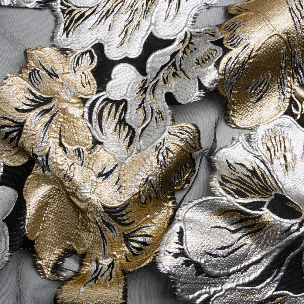 Metallic Gold, Silver and Black Floral Luxury Burnout Brocade Panel Metallic Gold, Silver and Black Floral Luxury Burnout Brocade Panel