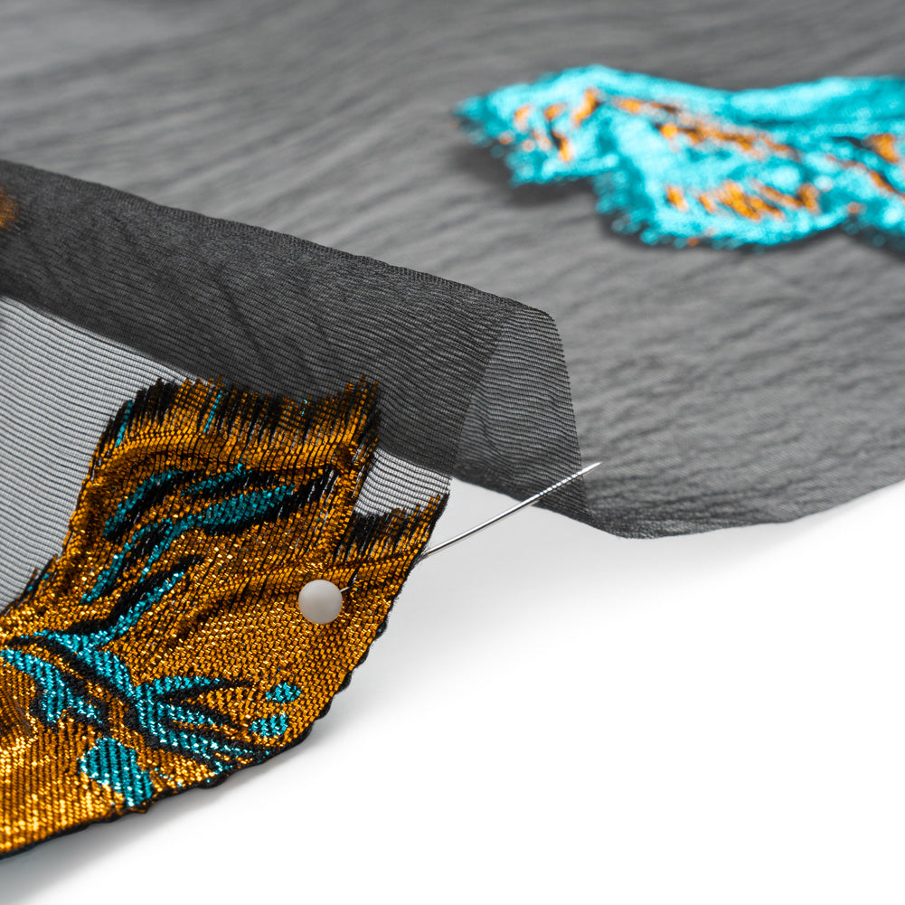 Metallic Teal, Orange and Black Floral Luxury Burnout Brocade Panel Folded Metallic Teal, Orange and Black Floral Luxury Burnout Brocade Panel Folded