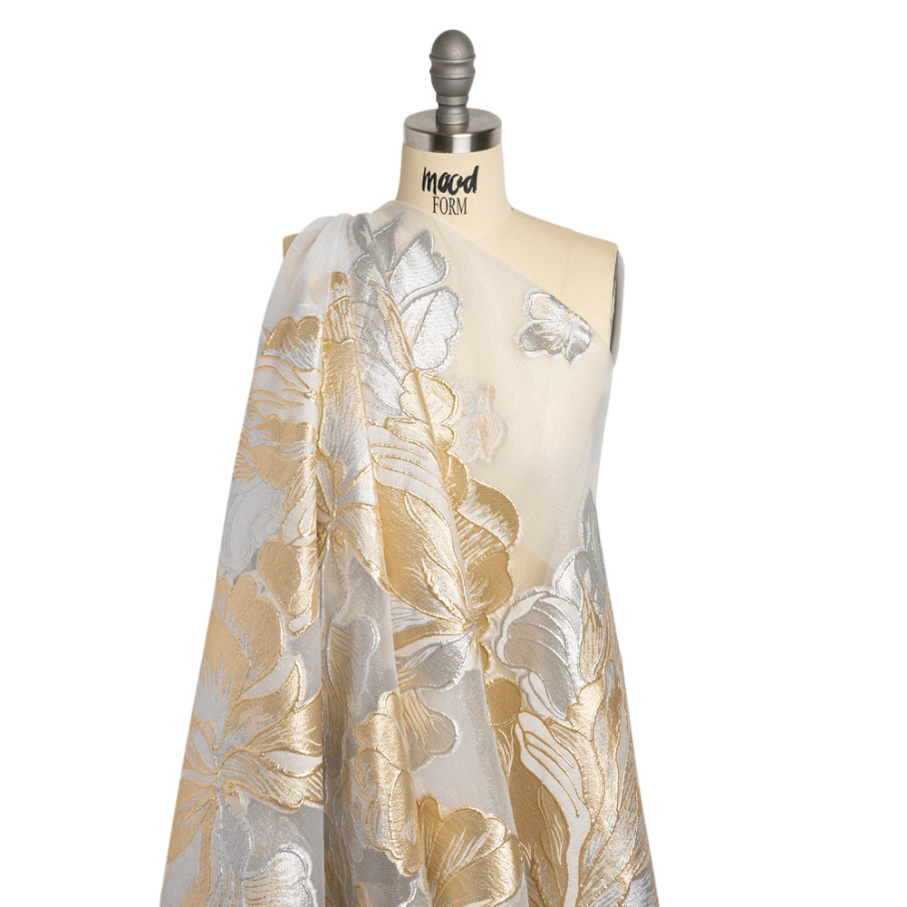 Metallic Gold, Silver and White Floral Luxury Burnout Brocade Panel Detail Metallic Gold, Silver and White Floral Luxury Burnout Brocade Panel Detail