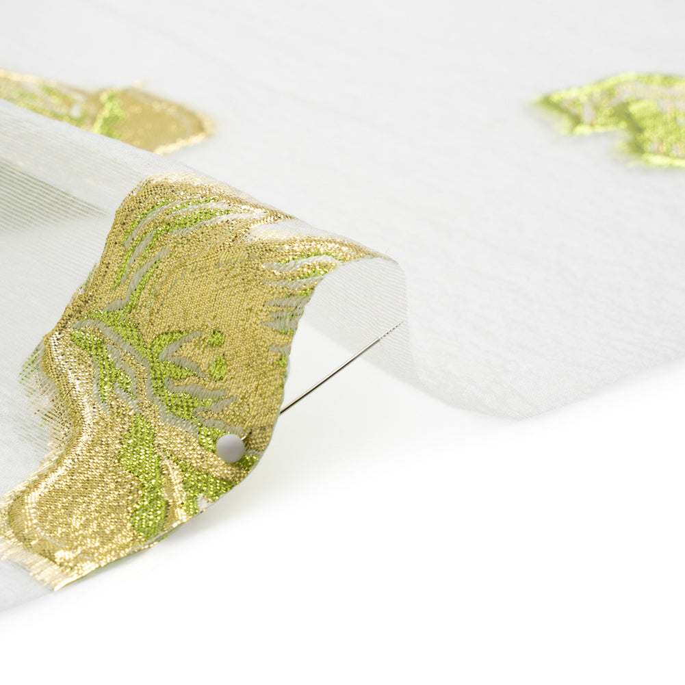 Metallic Gold, Lime and White Floral Luxury Burnout Brocade Panel Folded Metallic Gold, Lime and White Floral Luxury Burnout Brocade Panel Folded