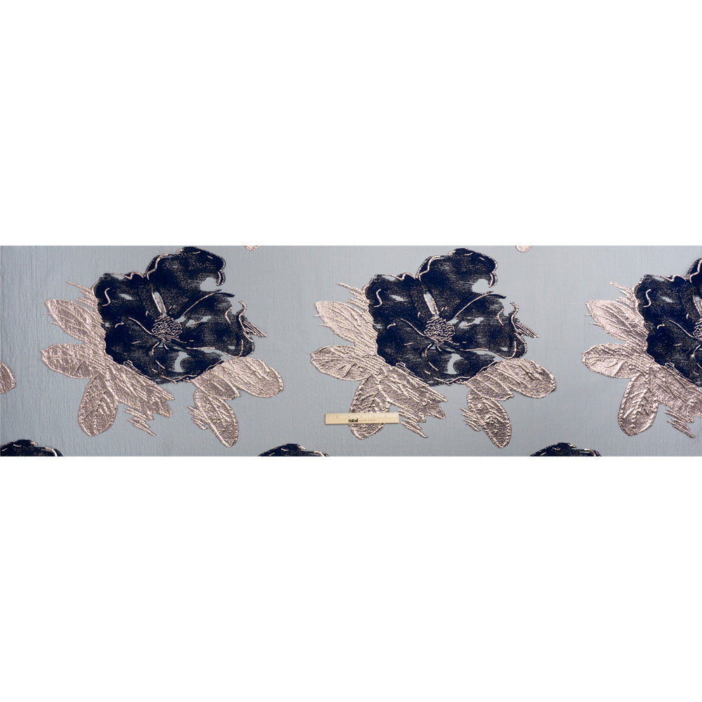 Metallic Rose Gold and Navy Big Florals Luxury Burnout Brocade - Drape Metallic Rose Gold and Navy Big Florals Luxury Burnout Brocade - Drape