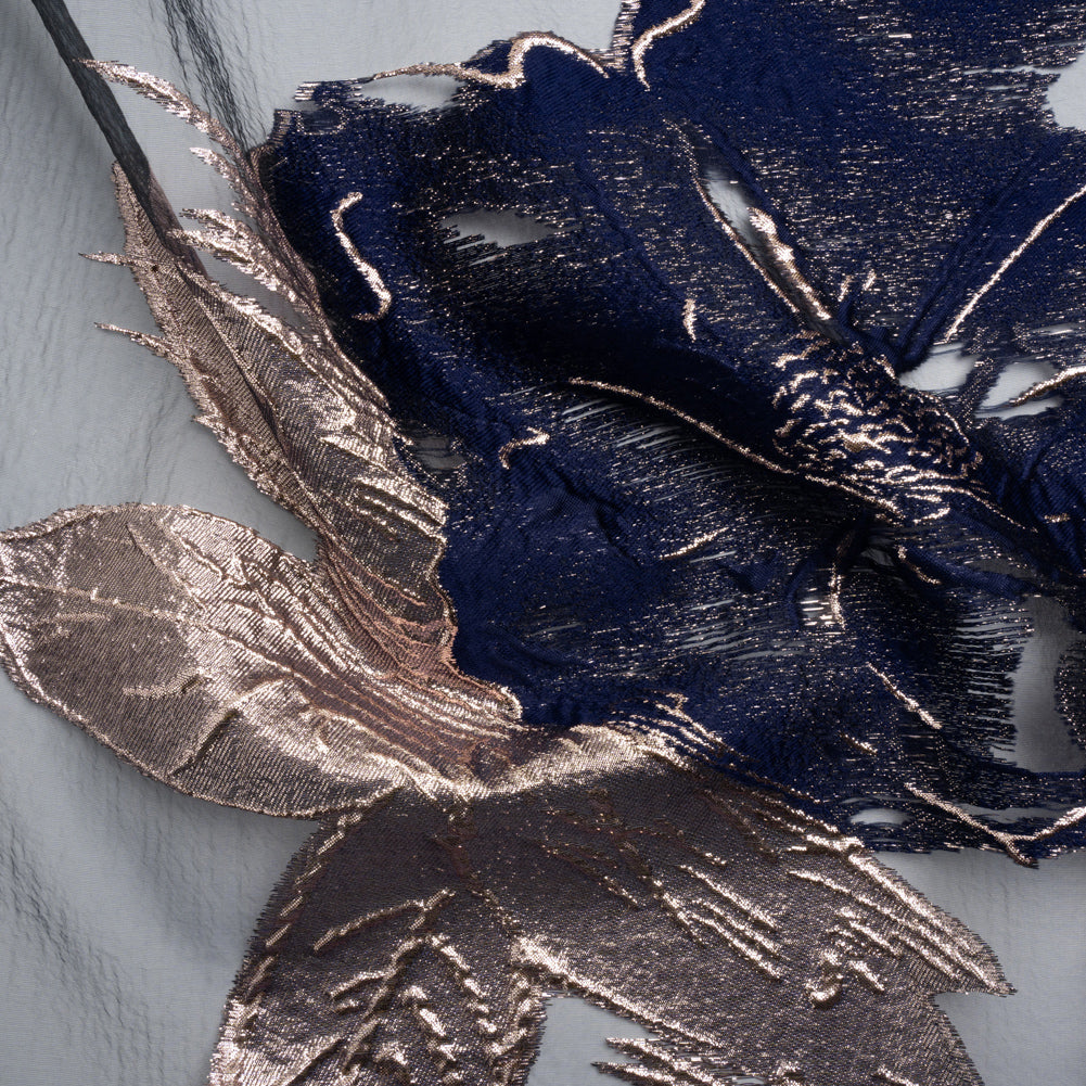 Metallic Rose Gold and Navy Big Florals Luxury Burnout Brocade Metallic Rose Gold and Navy Big Florals Luxury Burnout Brocade