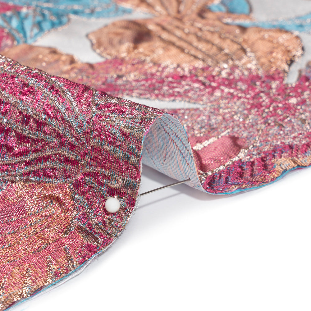 Metallic Hot Pink, Blue and Peach Blooms Luxury Brocade Folded Metallic Hot Pink, Blue and Peach Blooms Luxury Brocade Folded