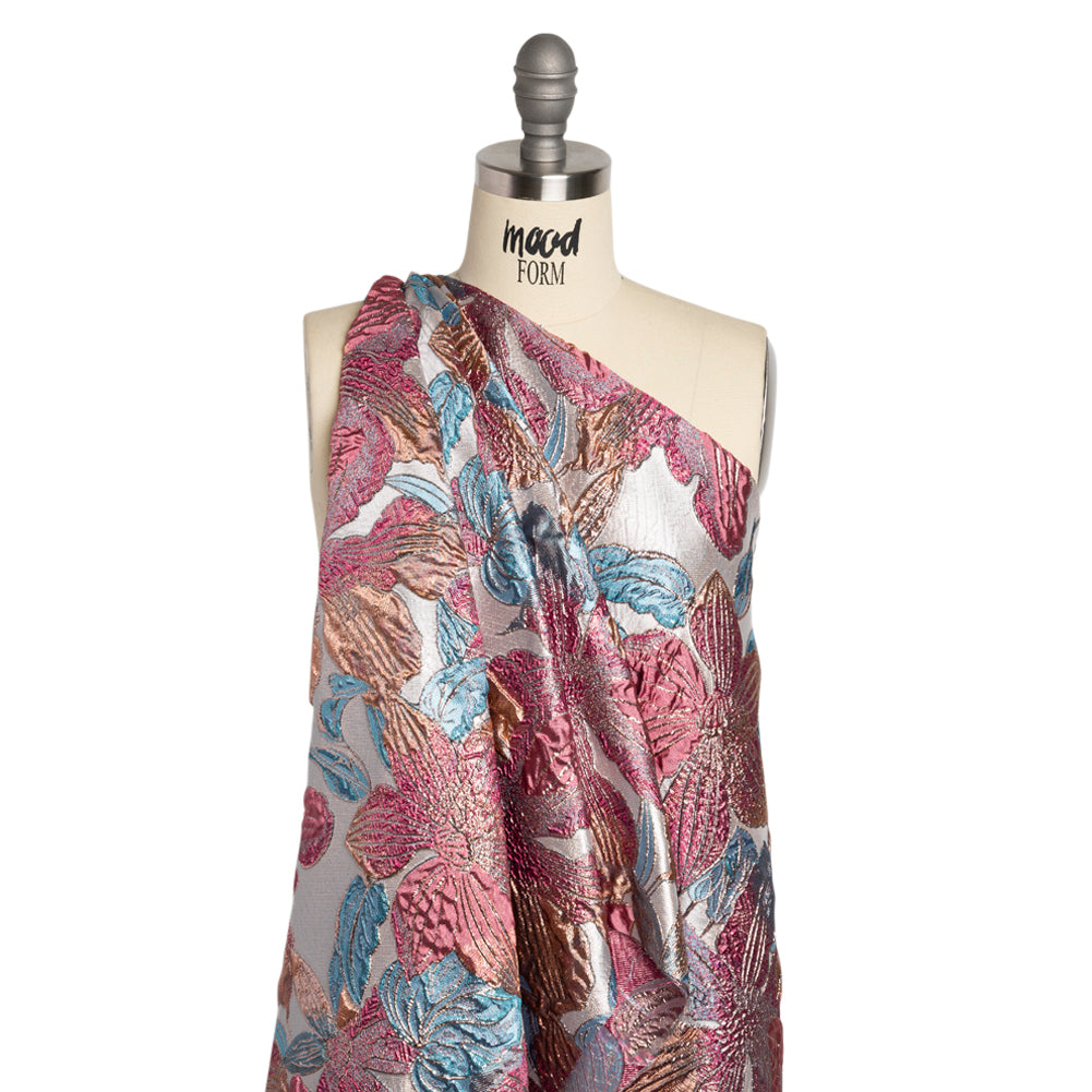 Metallic Hot Pink, Blue and Peach Blooms Luxury Brocade Detail Metallic Hot Pink, Blue and Peach Blooms Luxury Brocade Detail
