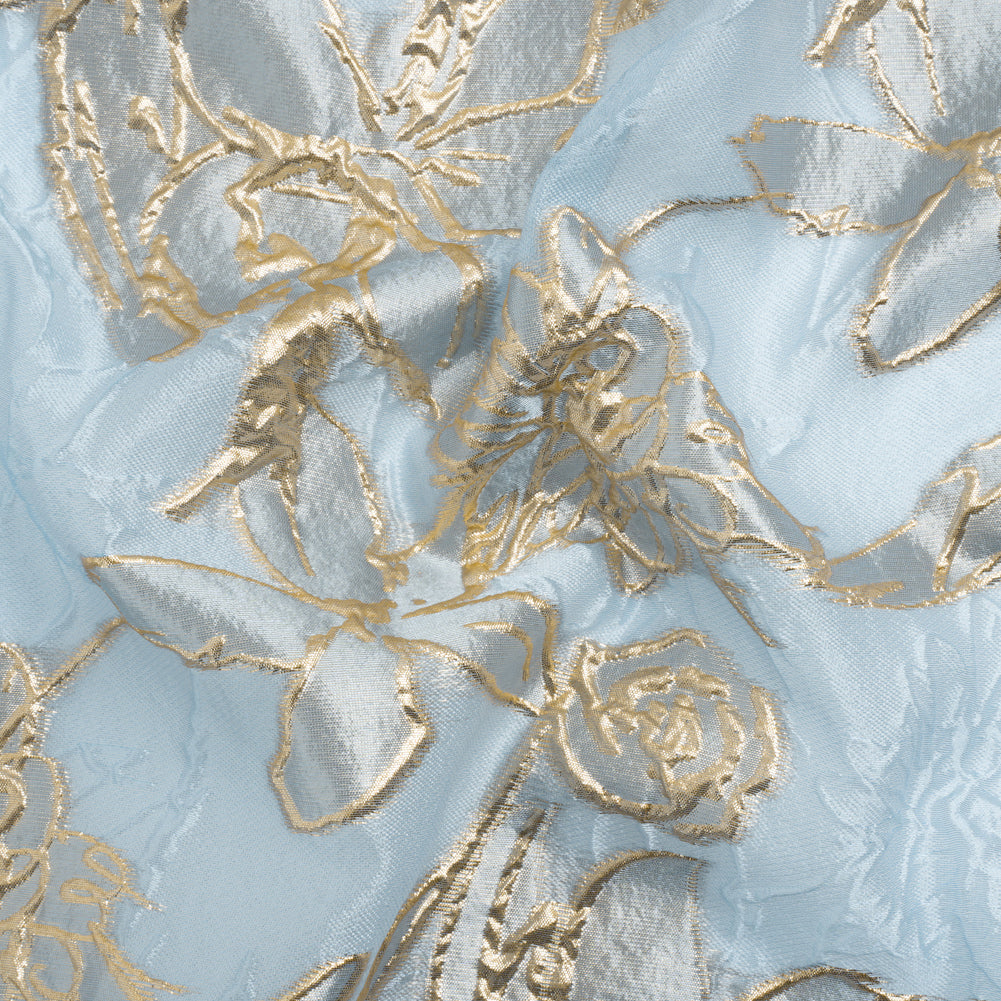 Metallic Gold and Sky Blue Floating Flowers Luxury Burnout Brocade Metallic Gold and Sky Blue Floating Flowers Luxury Burnout Brocade