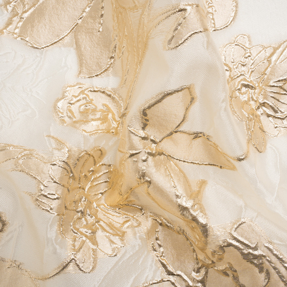 Metallic Gold and Gilded Beige Floating Flowers Luxury Burnout Brocade Metallic Gold and Gilded Beige Floating Flowers Luxury Burnout Brocade