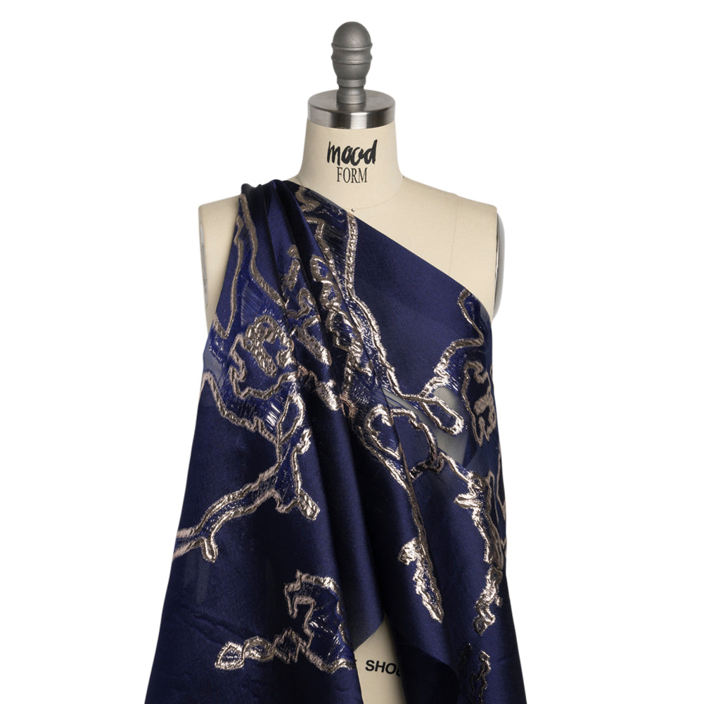Metallic Silver and Navy Abstract Embers Luxury Burnout Brocade - Detail Metallic Silver and Navy Abstract Embers Luxury Burnout Brocade - Detail