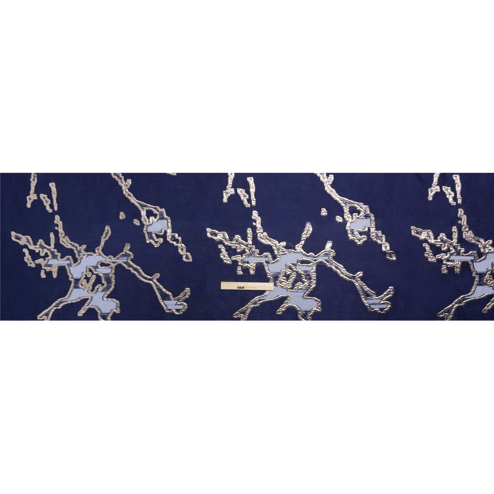 Metallic Silver and Navy Abstract Embers Luxury Burnout Brocade - Drape Metallic Silver and Navy Abstract Embers Luxury Burnout Brocade - Drape