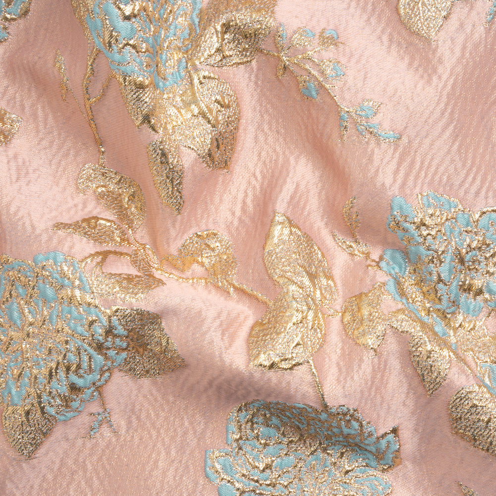 Metallic Gold, Baby Blue and Pink Floral Luxury Brocade Metallic Gold, Baby Blue and Pink Floral Luxury Brocade