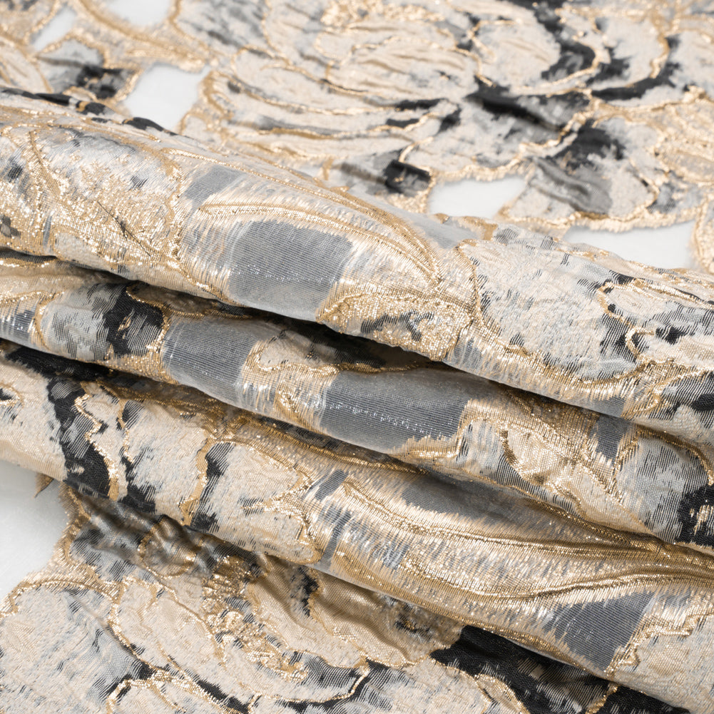 Metallic Gold, Beige and Black Floral Luxury Burnout Brocade Full Metallic Gold, Beige and Black Floral Luxury Burnout Brocade Full