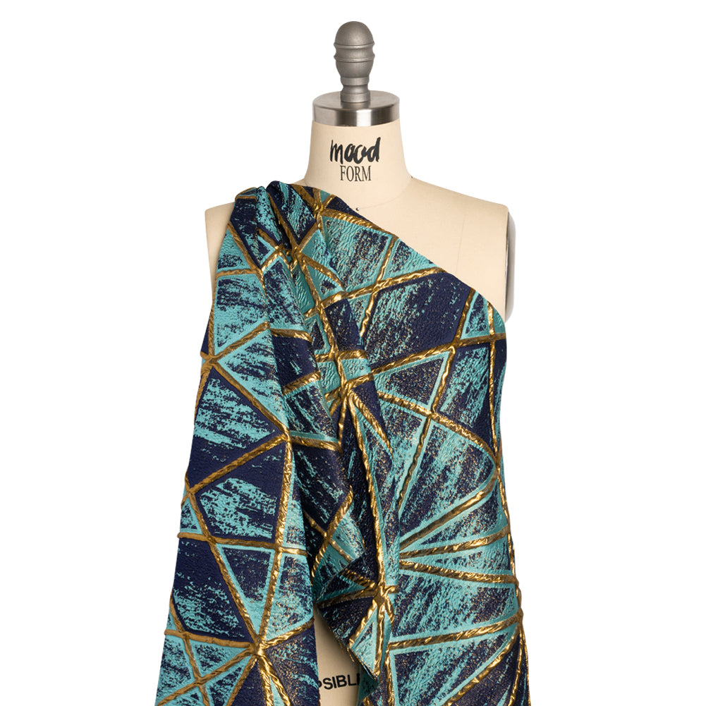 Metallic Gold, Turquoise and Navy Geometric Distress Luxury Brocade - Detail Metallic Gold, Turquoise and Navy Geometric Distress Luxury Brocade - Detail