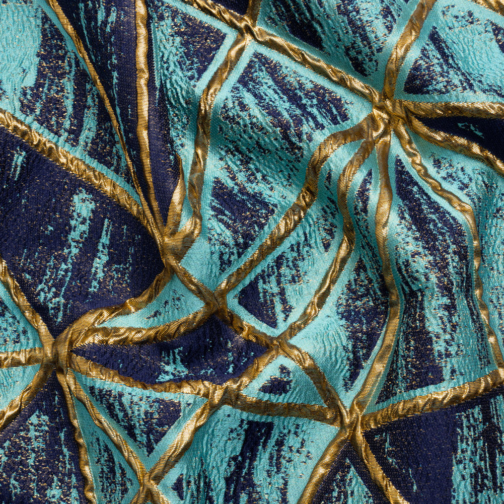 Metallic Gold, Turquoise and Navy Geometric Distress Luxury Brocade Metallic Gold, Turquoise and Navy Geometric Distress Luxury Brocade
