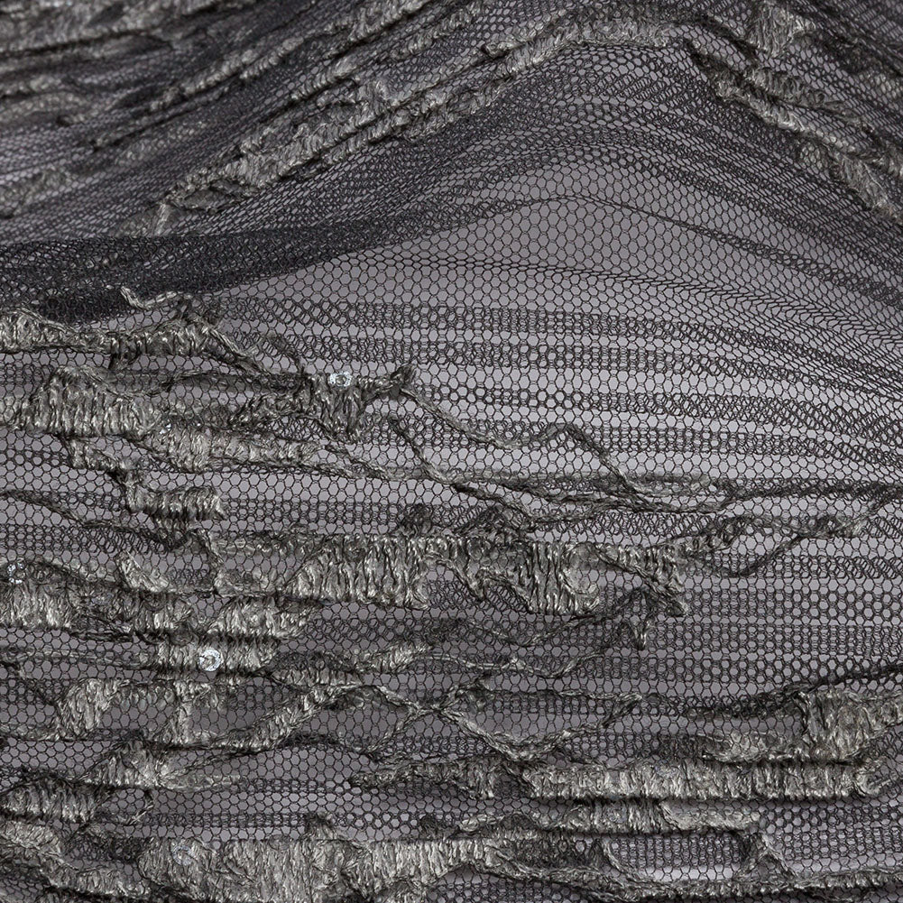 Sequoia Black and Taupe Ombre Abstract Embroidered and Sequined Soft Pleated Tulle - Folded Sequoia Black and Taupe Ombre Abstract Embroidered and Sequined Soft Pleated Tulle - Folded